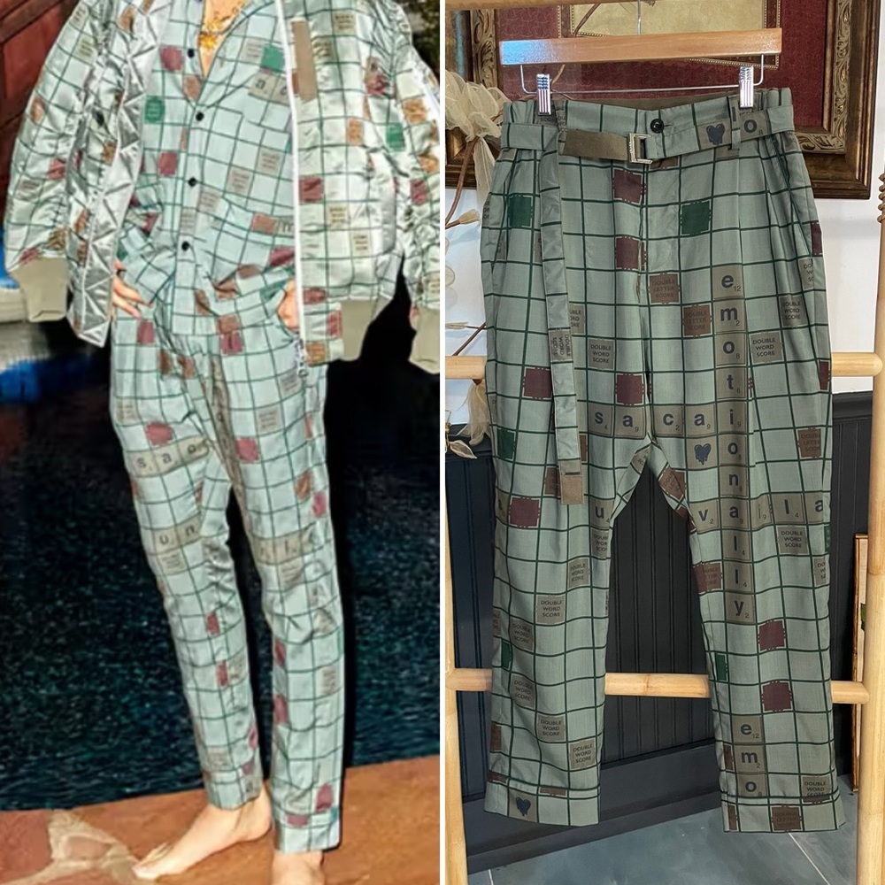 Sacai x Emotionally Unavailable Collab Scrabble Print Pants  Sz 2 (US M) 🧡🎀